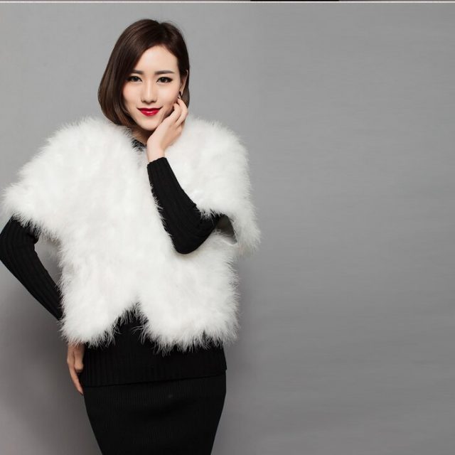 Sweet fur coat of natural ostrich feather fur fashion women autumn winter style bat sleeved brown 5colors jacket 55cm long V15