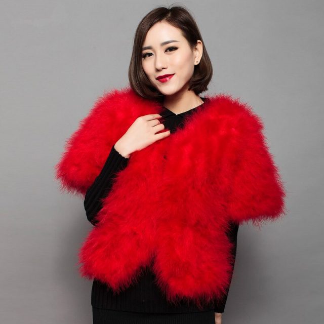 Sweet fur coat of natural ostrich feather fur fashion women autumn winter style bat sleeved brown 5colors jacket 55cm long V15