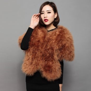 Sweet fur coat of natural ostrich feather fur fashion women autumn winter style bat sleeved brown 5colors jacket 55cm long V15