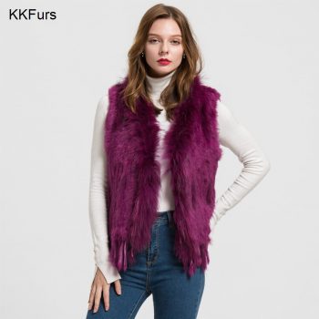 JKKFURS 2019 Women Gilet Rabbit Real Fur Vest Raccoon Fur Collar Lady Winter Warm Fur Fashion Top Quality Waistcoat Ladies S1700