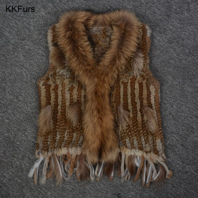 JKKFURS 2019 Women Gilet Rabbit Real Fur Vest Raccoon Fur Collar Lady Winter Warm Fur Fashion Top Quality Waistcoat Ladies S1700