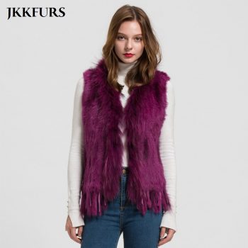 Women's Knitted Gilet Rabbit Real Fur Vest Raccoon Fur Collar Lady Winter Warm Fur Fashion Top Quality Waistcoat Ladies S1700