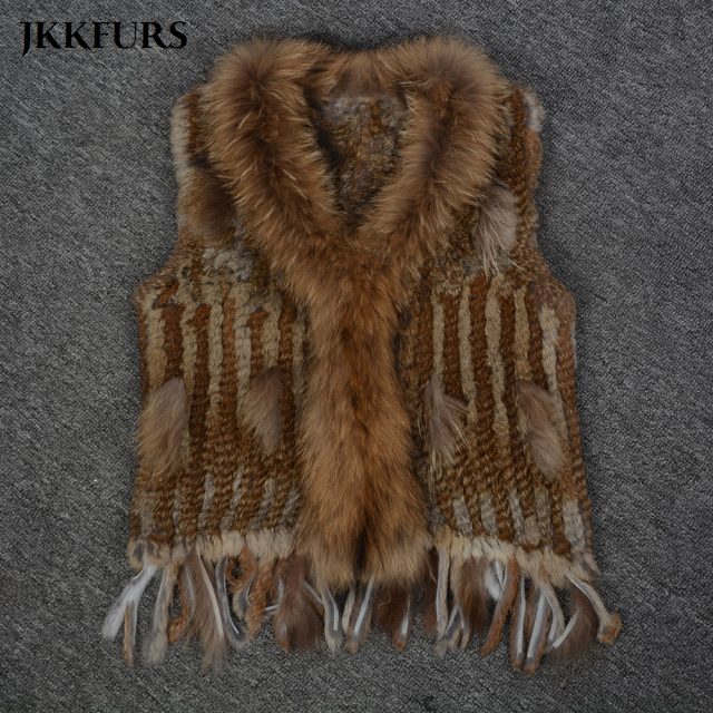 Women’s Knitted Gilet Rabbit Real Fur Vest Raccoon Fur Collar Lady Winter Warm Fur Fashion Top Quality Waistcoat Ladies S1700