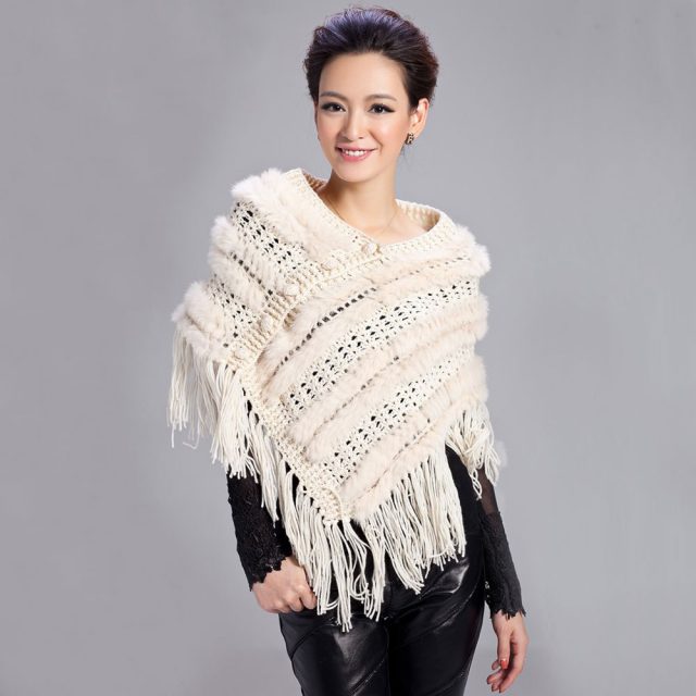 WOMENS KNITTED REAL KNITTED RABBIT FUR PONCHOS CAPES  LADIES FURRY STOLES WITH TASSELS FREE SHIPPING