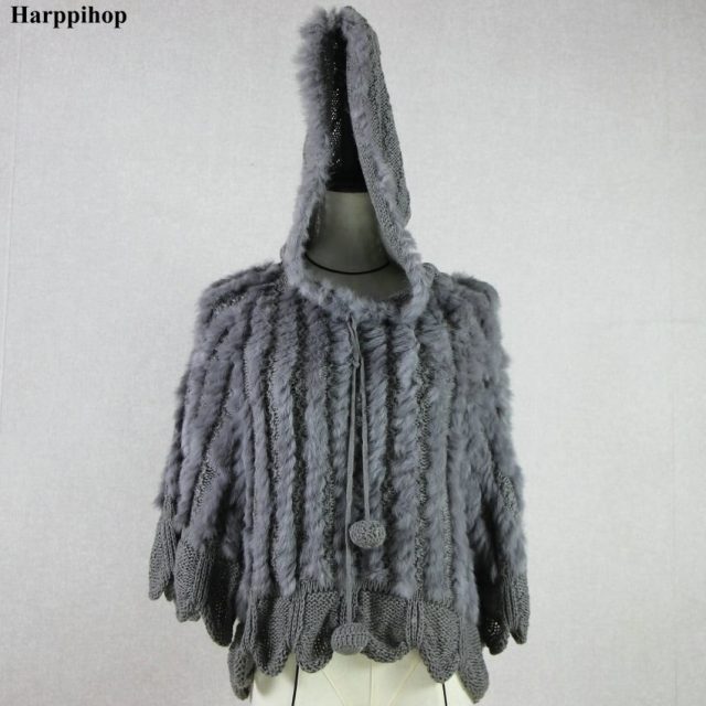 Knitted Solid Real Rabbit Fur O-Neck With Hooded Women And Girls Natural Fur Waistcoat Outerwear Jacket  wholesale harppihop