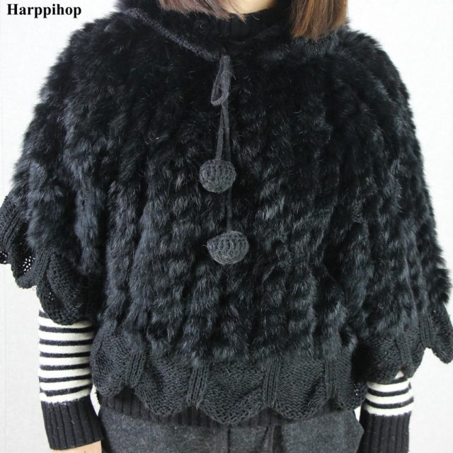 Knitted Solid Real Rabbit Fur O-Neck With Hooded Women And Girls Natural Fur Waistcoat Outerwear Jacket  wholesale harppihop