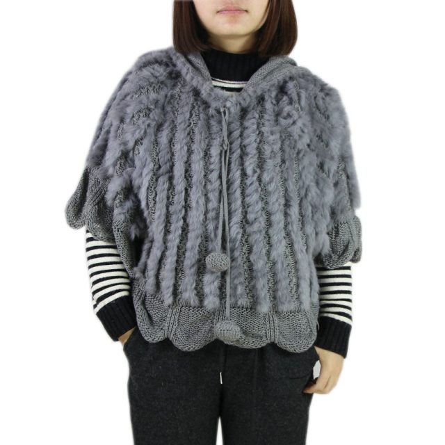 Knitted Solid Real Rabbit Fur O-Neck With Hooded Women And Girls Natural Fur Waistcoat Outerwear Jacket  wholesale harppihop