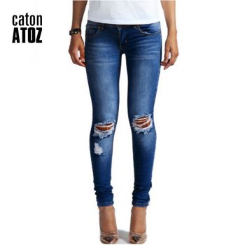 catonATOZ 1884 New Hot Fashion Ladies Cotton Denim Pants Stretch Womens Bleach Ripped Knees Skinny Jeans Denim Jeans For Female