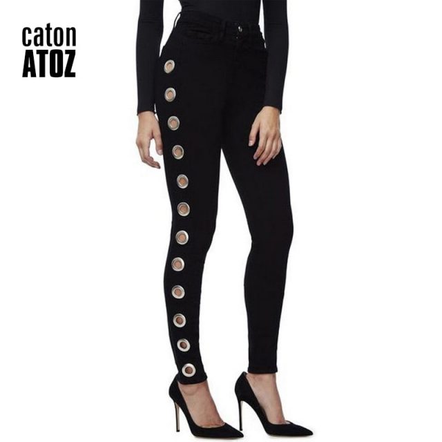 catonATOZ 2167 High Street Side Eyelets Jeans Black Skinny Denim Jeans Women Pants Female Jeans For Woman