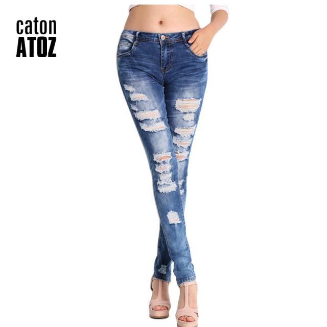 catonATOZ 2045 Low Waist Distressed Jeans New  Ladies Cotton Denim Pants Stretch Womens Ripped Skinny Denim Jeans For Female
