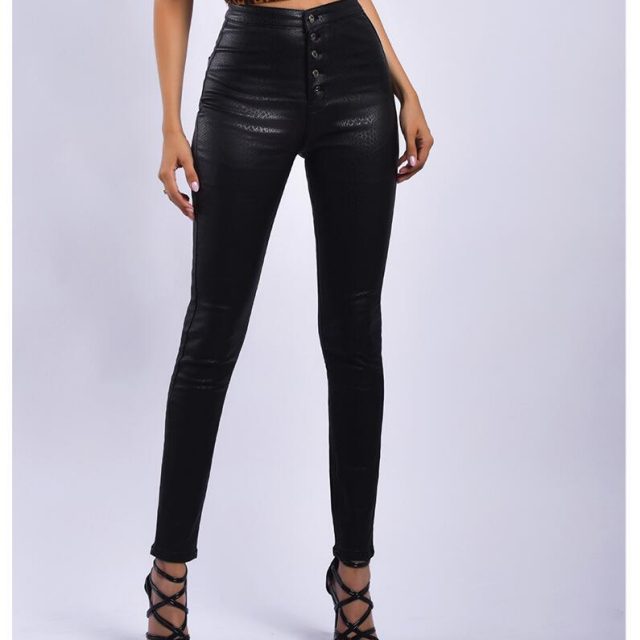 catonATOZ 2217 Women Fashion Black Punk Motor Biker Pants Women`s Stretch Slim Fit Plus Velvet Thick Snake PU leather pants