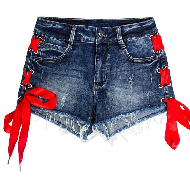 catonATOZ 2215 Women High Waist Shorts Ladies Sexy Cotton Side Stripe Lace UP  Shorts Denim Pants Ripped Shorts For Woman