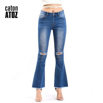 catonATOZ 2191 Women`s Fashion Mid High Waist Jeans Plus Size Sexy Ripped Stretchy Flare Jeans For woman