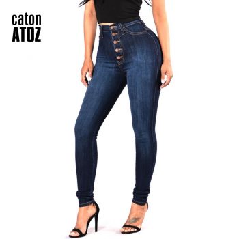 catonATOZ 2141 New Mom Jeans Woman`s Button Fly High Waist Stretchy Denim Jeans For Women Navy Blue Slim Skinny Pants Jeans