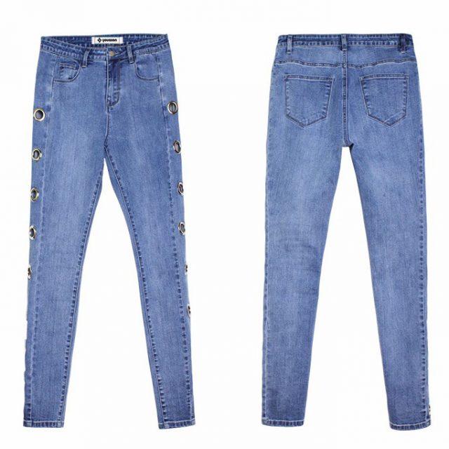 catonATOZ 2165 New 2018 Hot Mid High Waist Eyelets Jeans Women`s Stretchy Pencil Skinny Denim Jeans For Woman