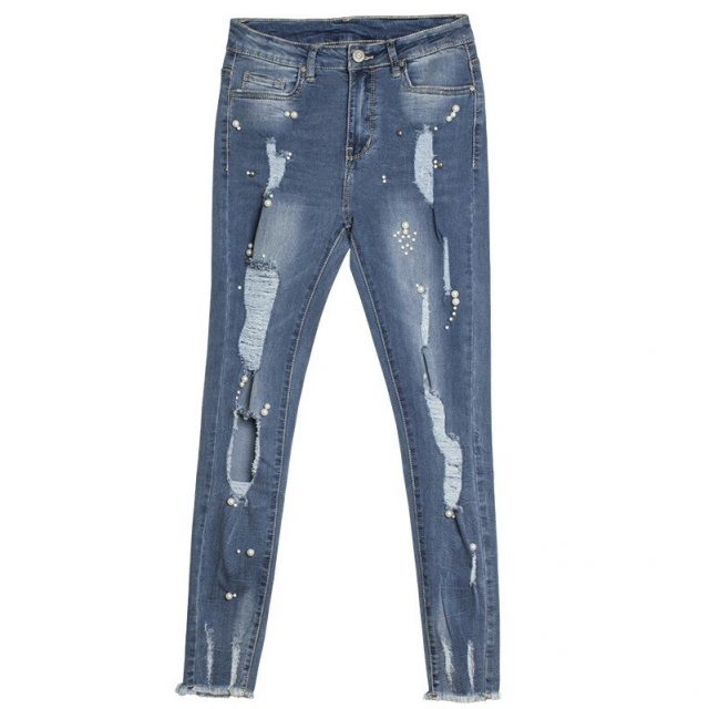 catonATOZ 2181 New Arrived Ladies Cotton Pearl Studded Jeans Denim Pants Womens Skinny Stretch Ripped Beading Jeans For Women