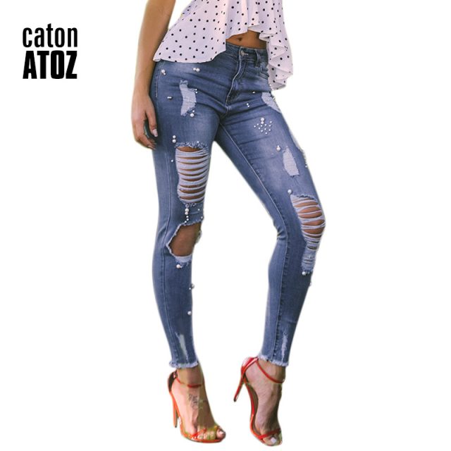 catonATOZ 2181 New Arrived Ladies Cotton Pearl Studded Jeans Denim Pants Womens Skinny Stretch Ripped Beading Jeans For Women