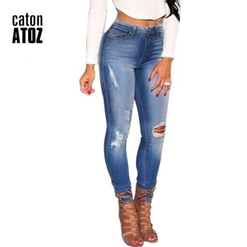 catonATOZ 2016 Hot Fashion Ladies Plus Size Cotton Stretch Denim Pants Womens Ripped Knees Skinny Jeans For Women