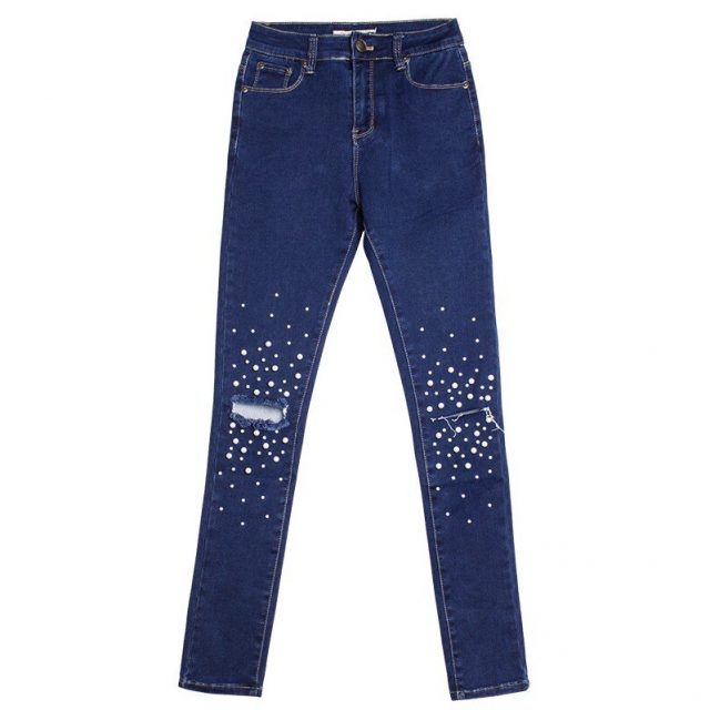 catonATOZ 2180 New Arrived Ladies High Waist Jeans Pearl Studded Jeans Denim Pants Womens Skinny Stretch Ripped Jeans For Women