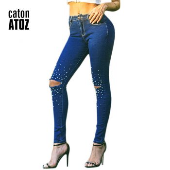 catonATOZ 2180 New Arrived Ladies High Waist Jeans Pearl Studded Jeans Denim Pants Womens Skinny Stretch Ripped Jeans For Women