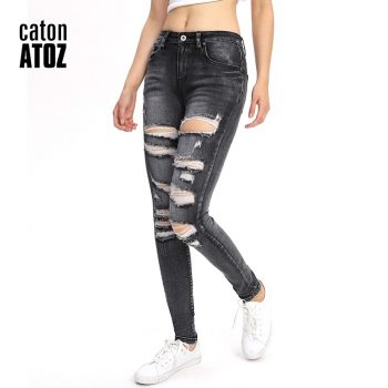 catonATOZ 2230 Black Low Waist Distressed Jeans New Ladies Cotton Denim Pants Stretch Womens Ripped Skinny Jeans For Female