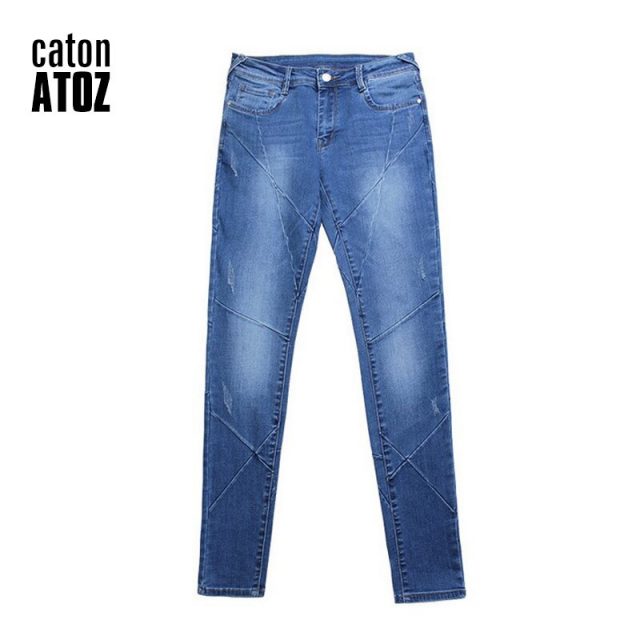 catonATOZ 2086 Woman Fashion Motor Biker Jeans Mid Low Waist Stretchy Patchwork Denim Pants Trousers Jeans For Women