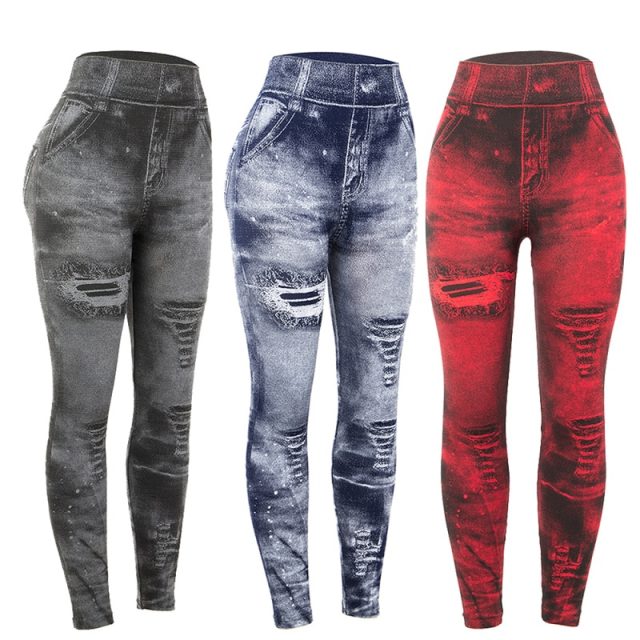 Women Imitation Jeans Leggings Slim Elastic Pencil Pants Casual Tights 2019 New Items for Autumn Fashion Hole Vintage Denim Pant