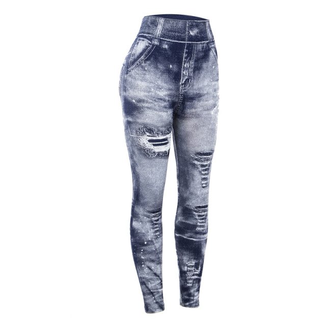 Women Imitation Jeans Leggings Slim Elastic Pencil Pants Casual Tights 2019 New Items for Autumn Fashion Hole Vintage Denim Pant