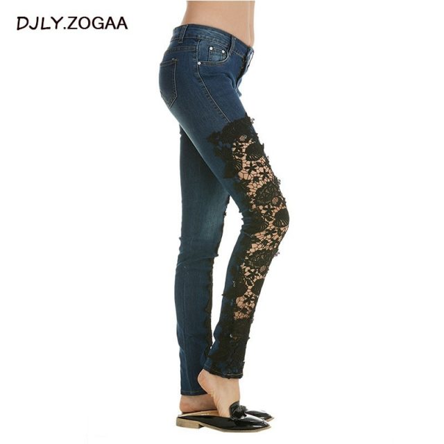 Street Fashion Slim Jeans Lace Pants Woman Long Lace Jeans White/Black/Dark Blue/Light Blue