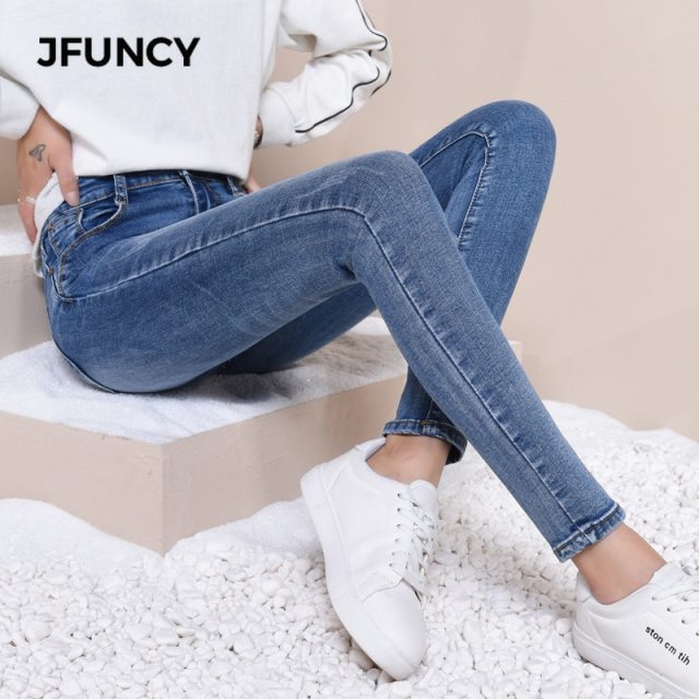 JFUNCY Women High Waist Skinny Jeans Mujer 2019 Slim Stretch Jeans Plus Size Winter Spring Warm Velvet Pencil Denim Pants Lady