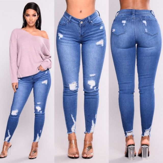 2019 New Blue Jeans Pancil Pants Women High Waist Slim Hole Ripped Denim Jeans Casual Stretch Skinny Trousers Jeans