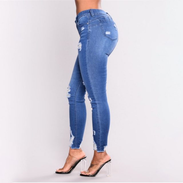 2019 New Blue Jeans Pancil Pants Women High Waist Slim Hole Ripped Denim Jeans Casual Stretch Skinny Trousers Jeans