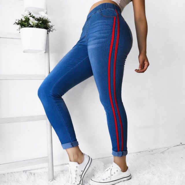 2019 New Striped Jeans Women’s Plus Size S-5XL  Elasticity Waist Pencil Pants Trousers Red Stripes Small Stretch Jeans Hot