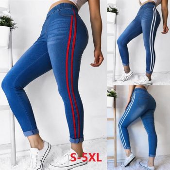 2019 New Striped Jeans Women's Plus Size S-5XL  Elasticity Waist Pencil Pants Trousers Red Stripes Small Stretch Jeans Hot