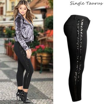 Sequin Side Stripe Black Skinny Jeans Women High Street England Slim Push Up Denim Pants Mujer Fashion Spliced Vaqueros Mujer