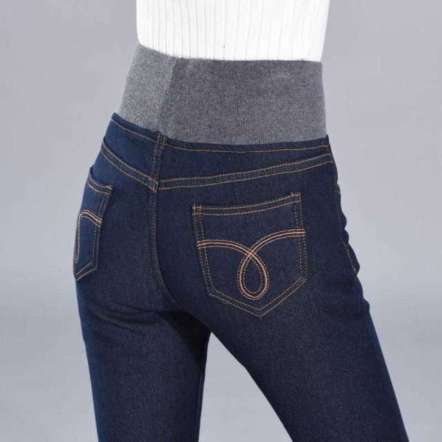 JORSEA Fleece Jeans Woman 2019 Winter cowboy pants Skinny High Waist Elastic Tightness Thick Pencil Pants Keep Warm Trousers