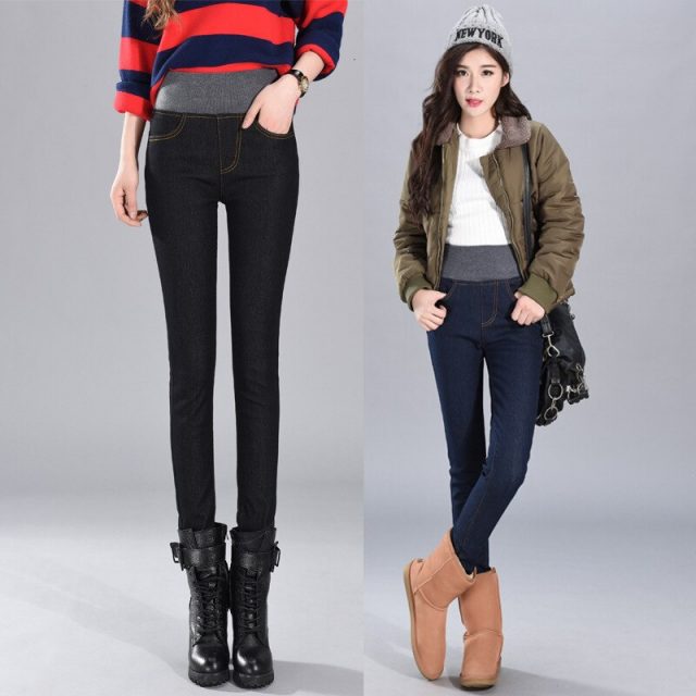 JORSEA Fleece Jeans Woman 2019 Winter cowboy pants Skinny High Waist Elastic Tightness Thick Pencil Pants Keep Warm Trousers