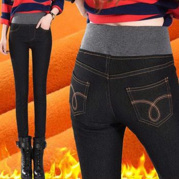 JORSEA Fleece Jeans Woman 2019 Winter cowboy pants Skinny High Waist Elastic Tightness Thick Pencil Pants Keep Warm Trousers
