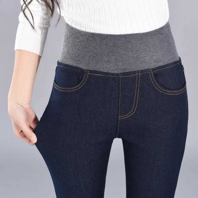 JORSEA Fleece Jeans Woman 2019 Winter cowboy pants Skinny High Waist Elastic Tightness Thick Pencil Pants Keep Warm Trousers