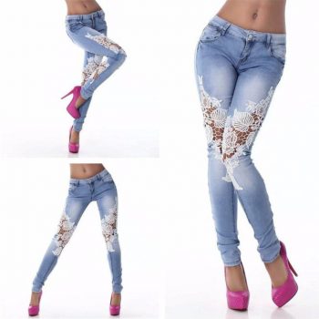 woman jeans high waist 2019 NEW Women Ladies Lace Stitching Jeans Skinny Pencil Pants Denim Trousers free shipping 9.18