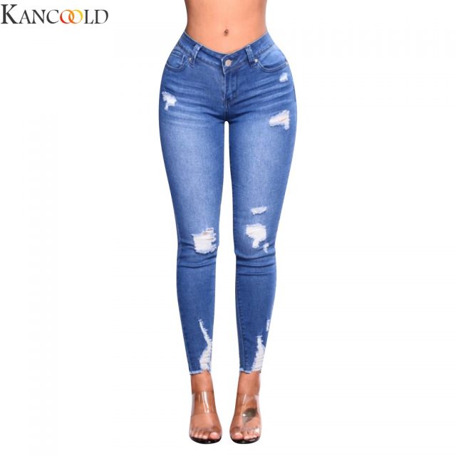 KANCOOLD New Blue Jeans Pancil Pants Women High Waist Slim Hole Ripped Denim Jeans Casual Stretch Trousers Jeans for Women