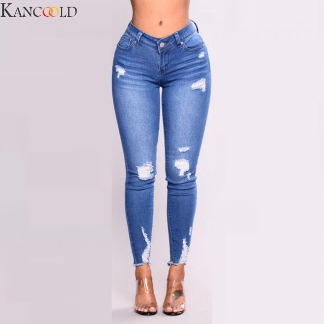 KANCOOLD New Blue Jeans Pancil Pants Women High Waist Slim Hole Ripped Denim Jeans Casual Stretch Trousers Jeans for Women