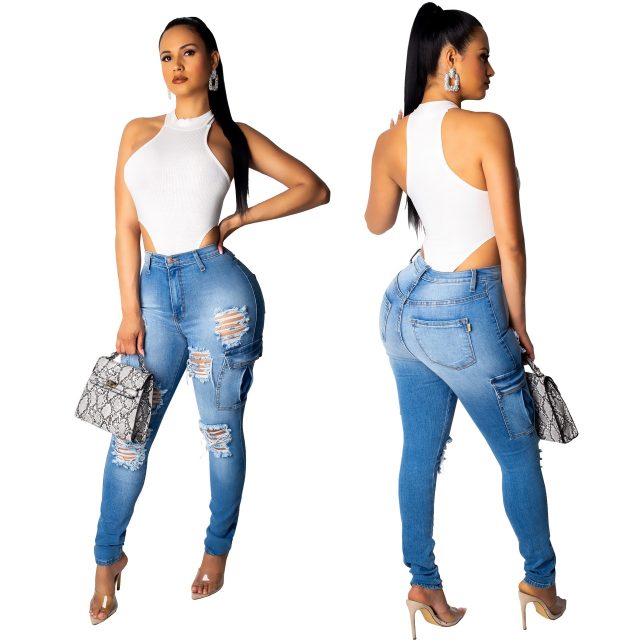 Fashion Street Style High Waist Skinny Jeans Women Push Up Sexy Plus Size Ripped Jeans Pencil Pants with Pocket Jeans Woman Blue