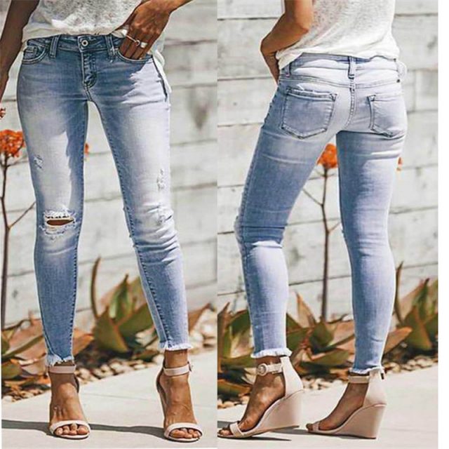 Fashion Womens Blue Destroyed Ripped Slim Denim Jeans Boyfriend Jeans Female Sexy Hole Pencil Trousers 2019 New mom’s plus size