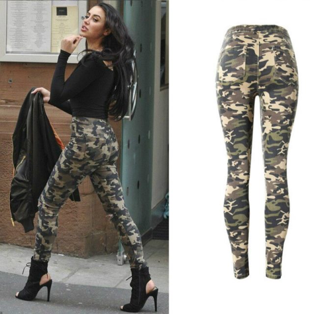 High Waist Camouflage Jeans Women Knee Hole Pantalon Militaire Femme Push Up Military Cintura Alta Skinny Denim Pants Mujer 2019