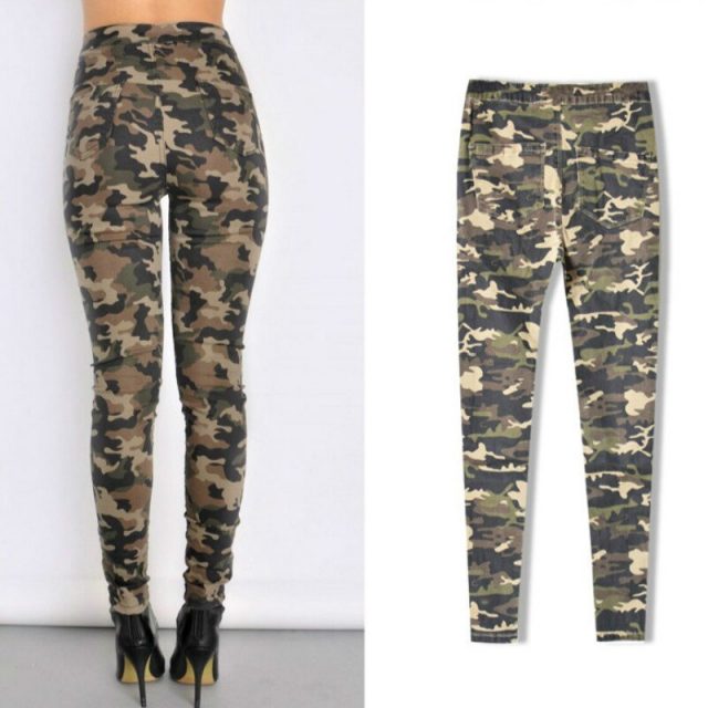 High Waist Camouflage Jeans Women Knee Hole Pantalon Militaire Femme Push Up Military Cintura Alta Skinny Denim Pants Mujer 2019