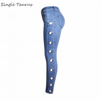 Gold Plated Eyelet Streetwear Skinny Jeans Woman Blue Vintage Womens Jeans Denim Women Clothes Elasticity Push Up Ropa Mujer