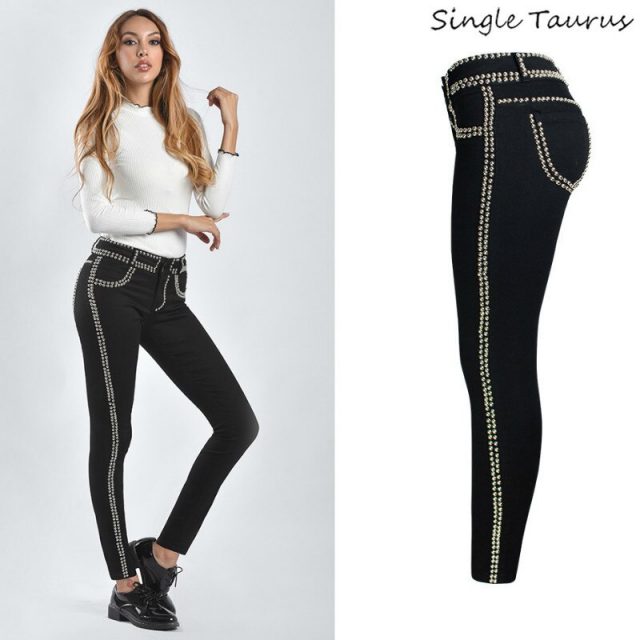 Rivet Black Jeans Women Low Waist Skinny Denim Pants Mujer Europe America Streetwear Side Stripe Trousers Vinatge Vaqueros Mujer