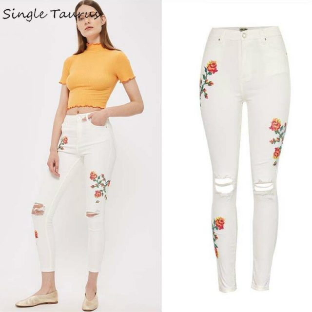 High Waist Cross Stitch Elasticity Skinny Jeans Women Personality Europe Push Up Hollow Out Ripped Embroidered Pencil Pants 2019
