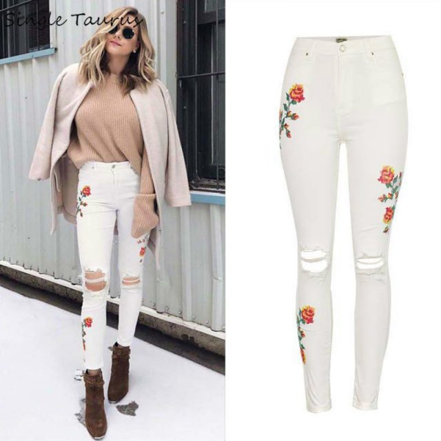 High Waist Cross Stitch Elasticity Skinny Jeans Women Personality Europe Push Up Hollow Out Ripped Embroidered Pencil Pants 2019